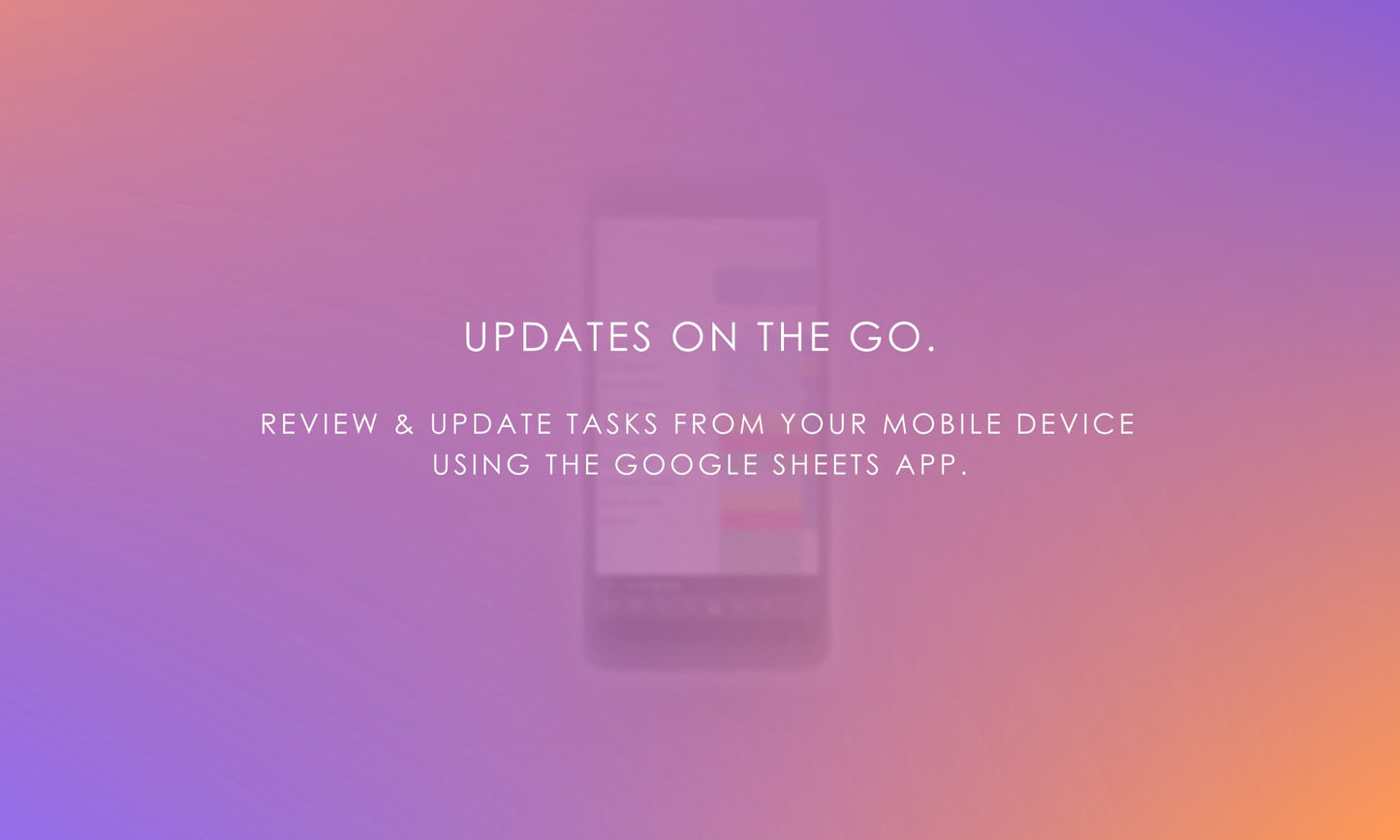 Digital planner mobile access, blurred smartphone showing Google Sheets app, review and update tasks on the go.