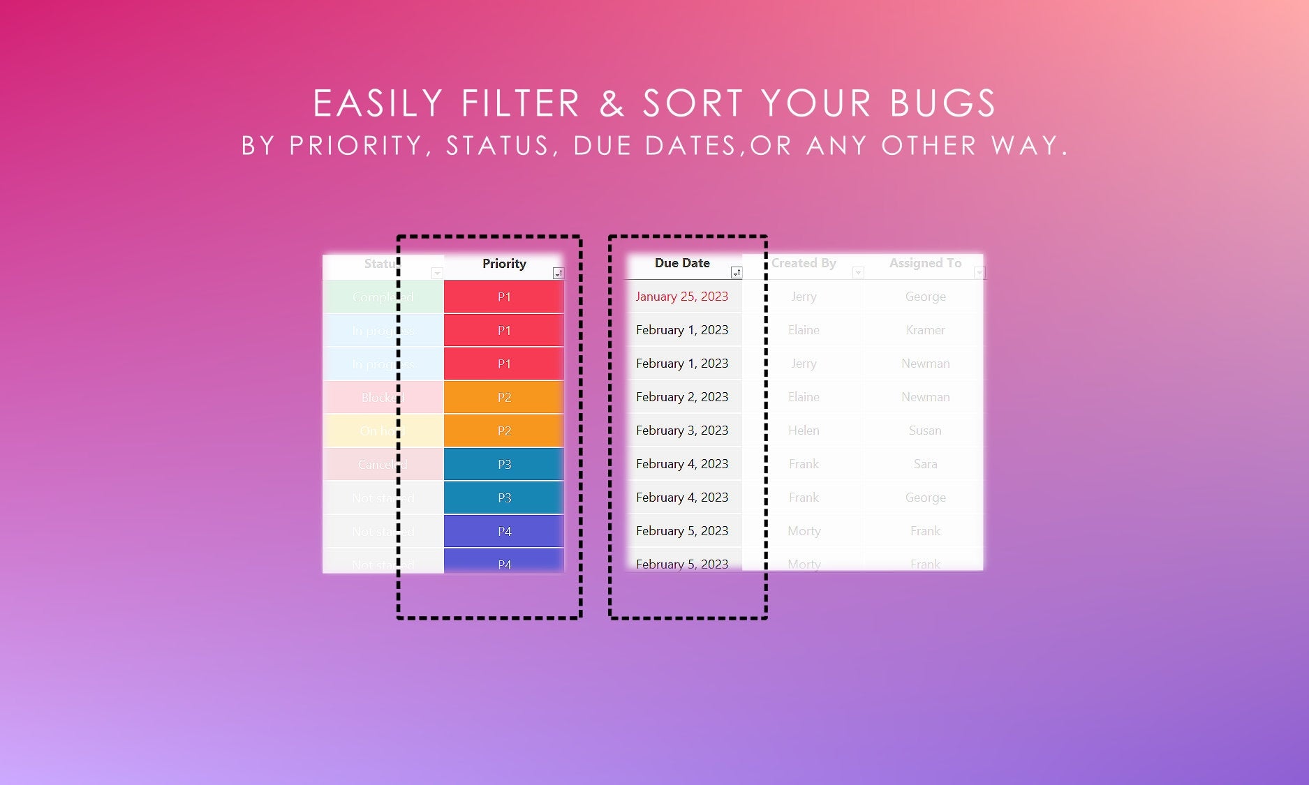 Bug Tracker: Easily Filter & Sort Bugs by Priority, Status, Due Dates, or Any Other Criteria