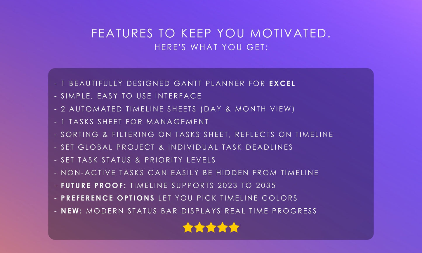Gantt Chart Planner Spreadsheet Features for Excel: Automated Timelines, Task Management, Customizable