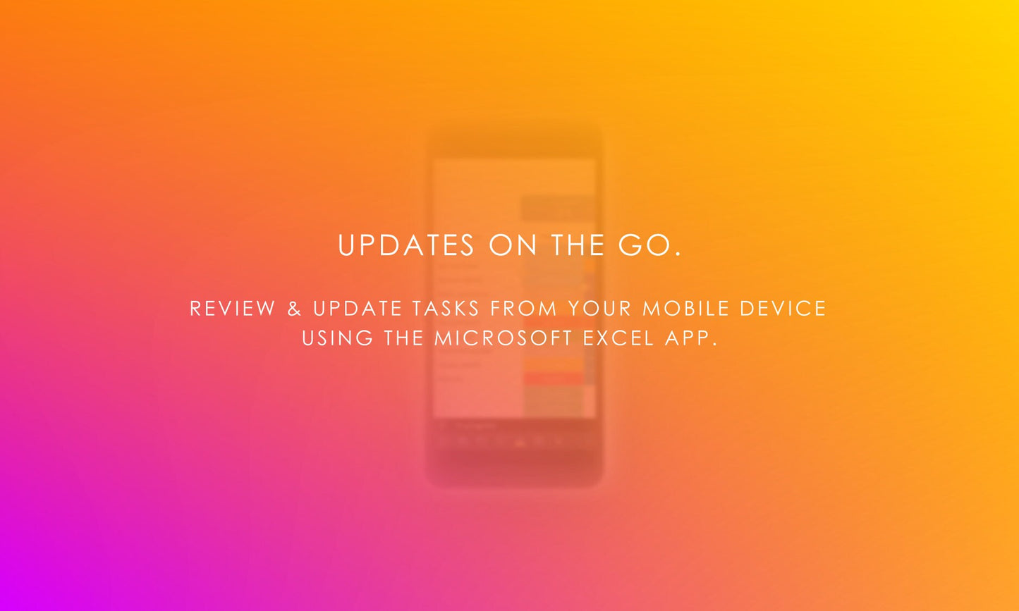 Project planner mobile access, blurred smartphone showing Microsoft Excel app, review and update project tasks on the go.