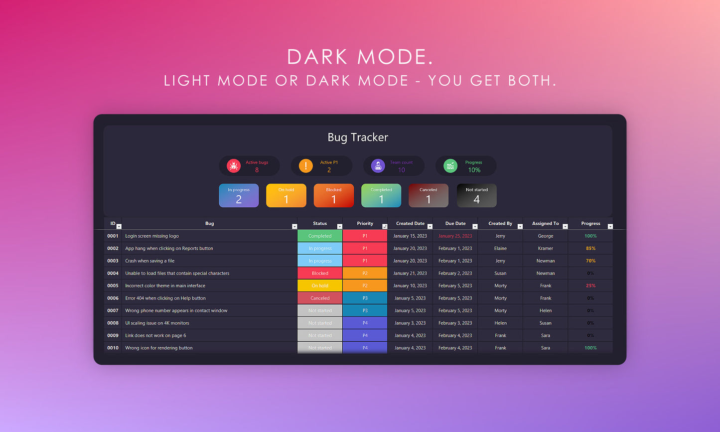 Bug Tracker: Available in Both Light Mode and Dark Mode