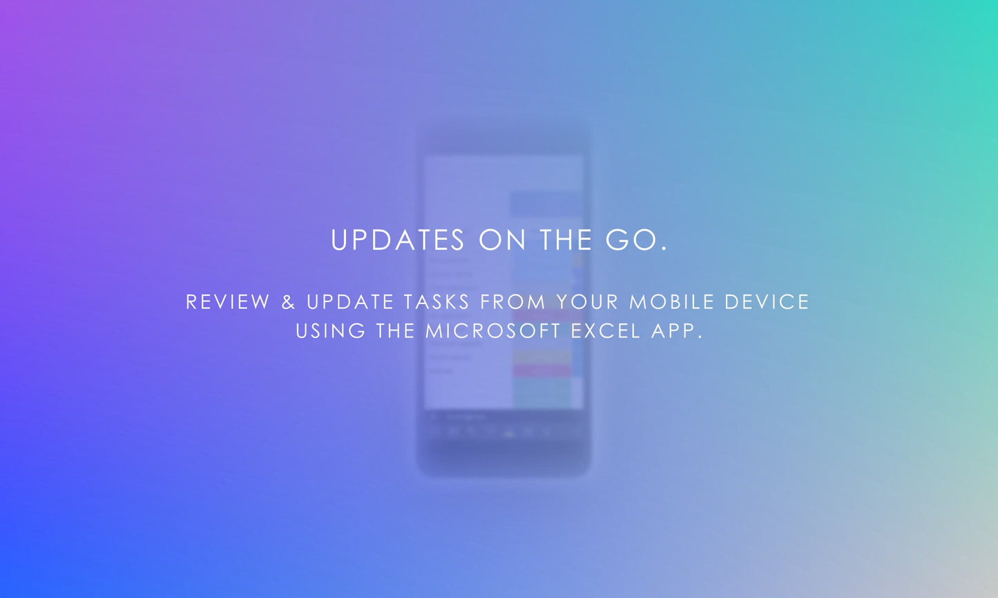 Meeting minutes template mobile access, blurred smartphone showing Microsoft Excel app, review and update meeting tasks on the go.