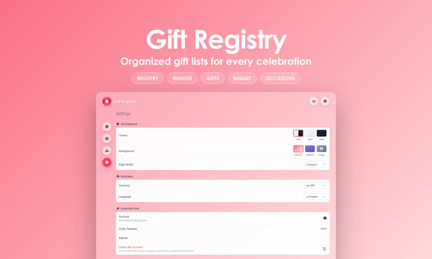 Gift Registry - Settings
