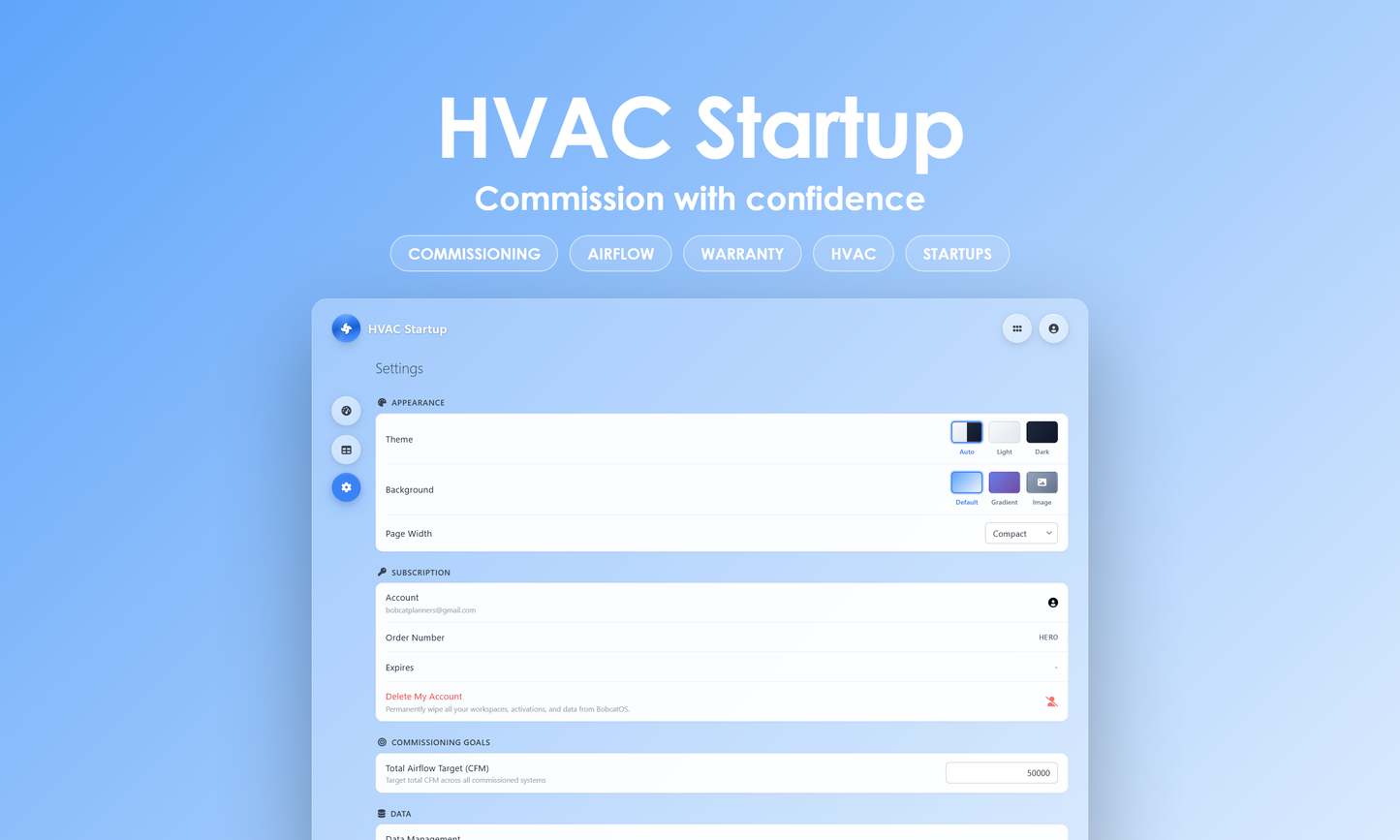 HVAC Startup - Settings
