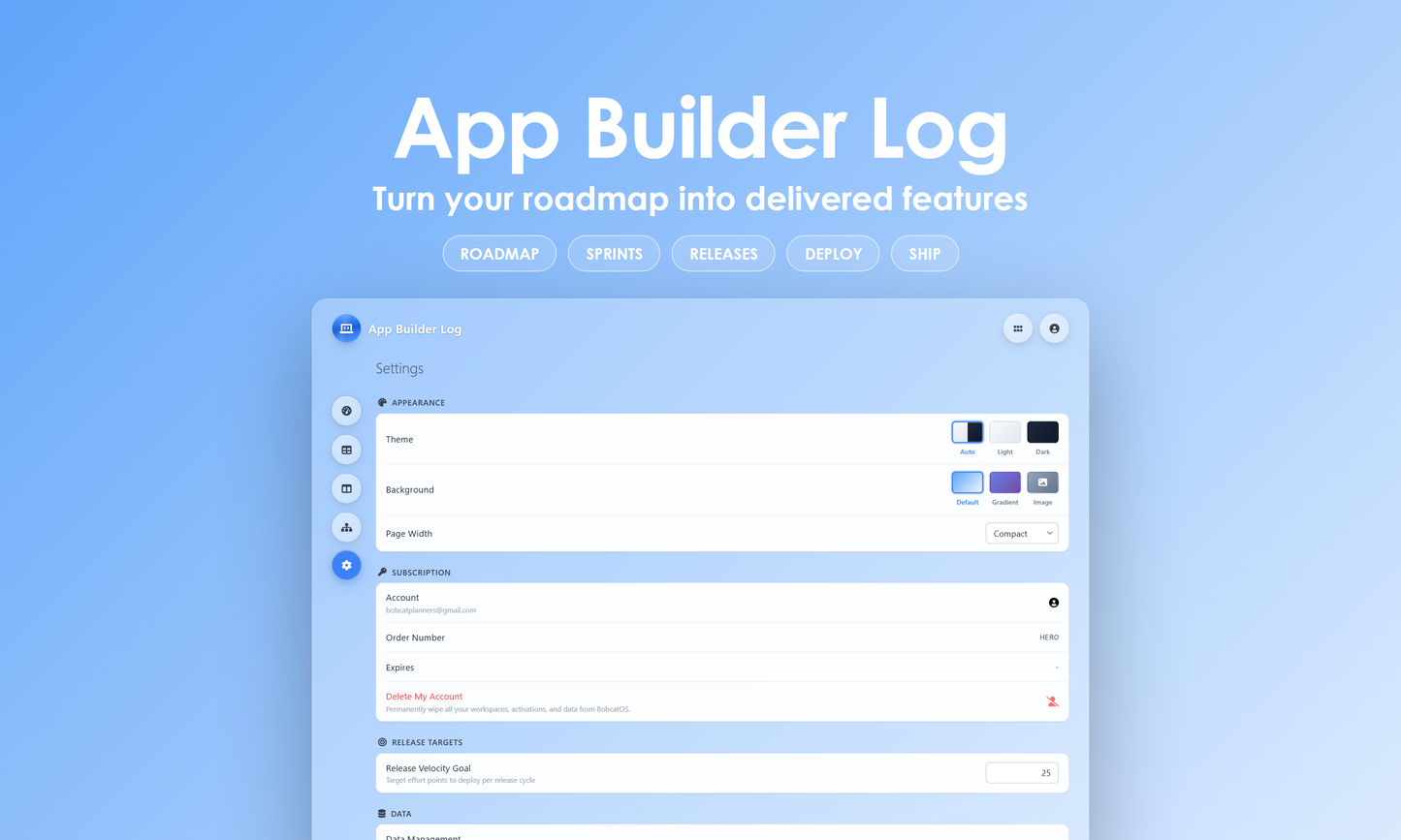 App Builder Log - Settings