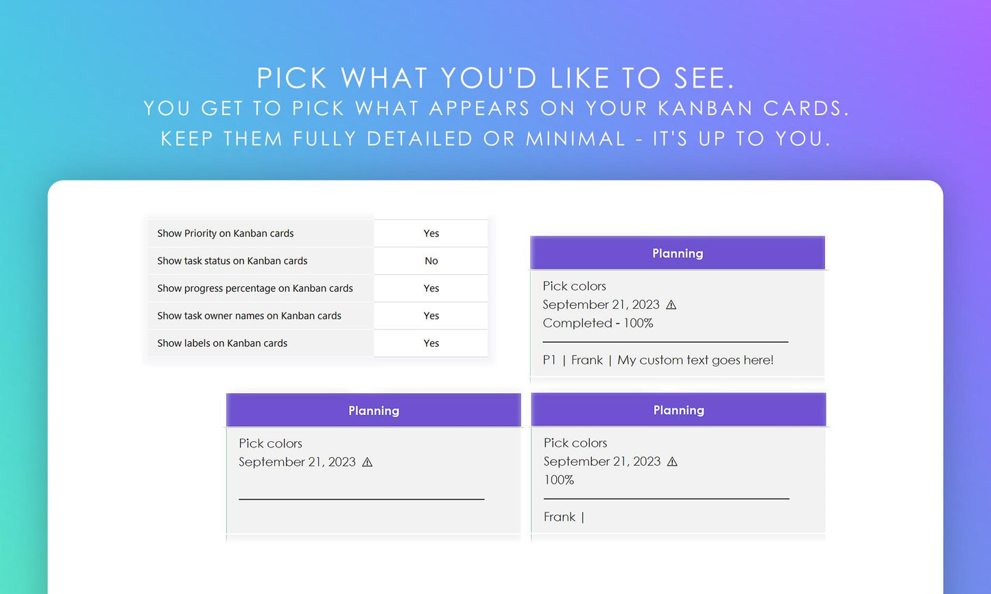 Kanban board customization in Google Sheets, select details to display on Kanban cards. Choose between detailed or minimal card views.