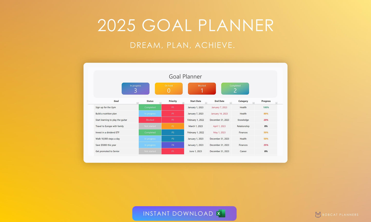 Digital 2025 Goal Setting Spreadsheet: Plan, Monitor Progress, and Achieve Your Objectives