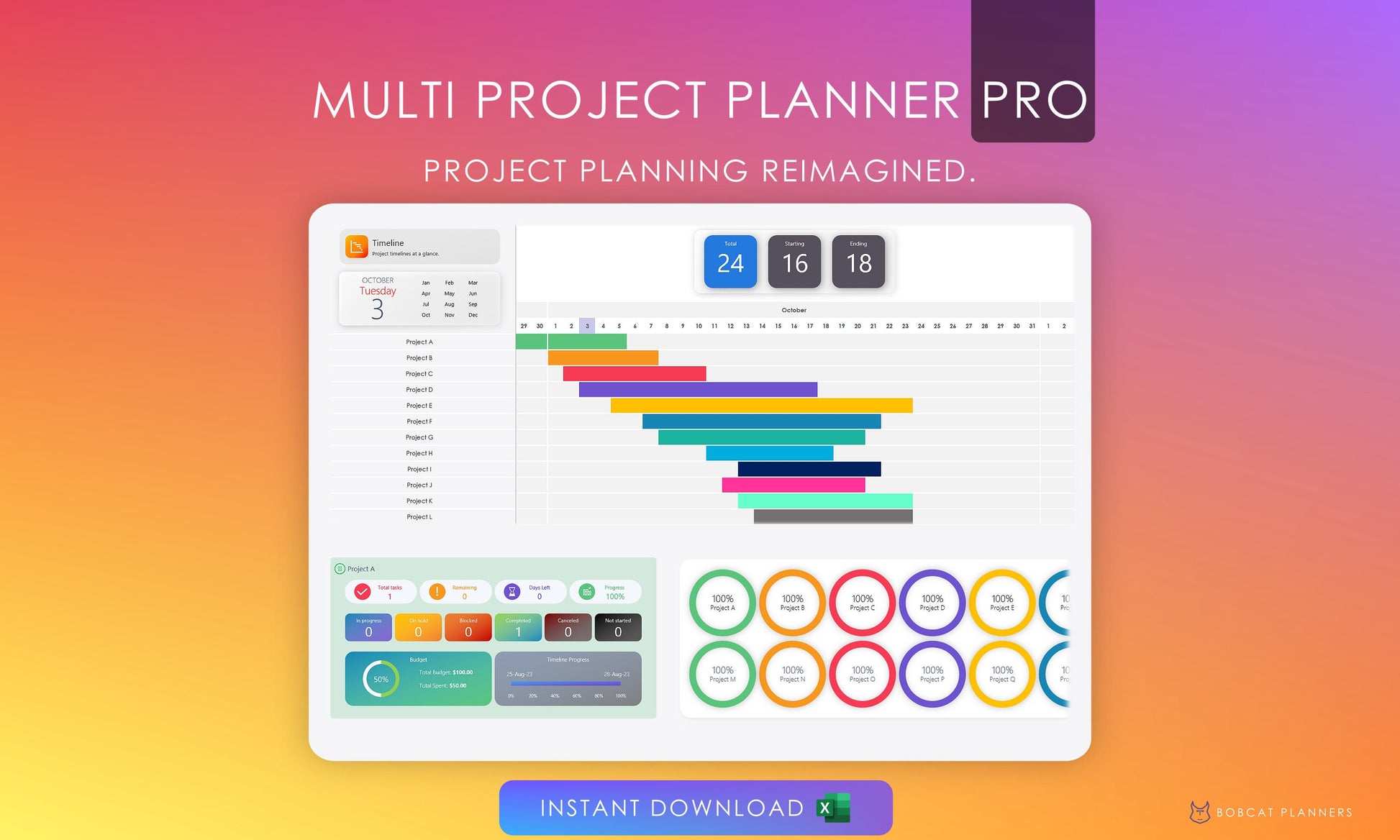 Digital Multi-Project Management Spreadsheet: Plan and Track Tasks Across Several Projects with Gantt View
