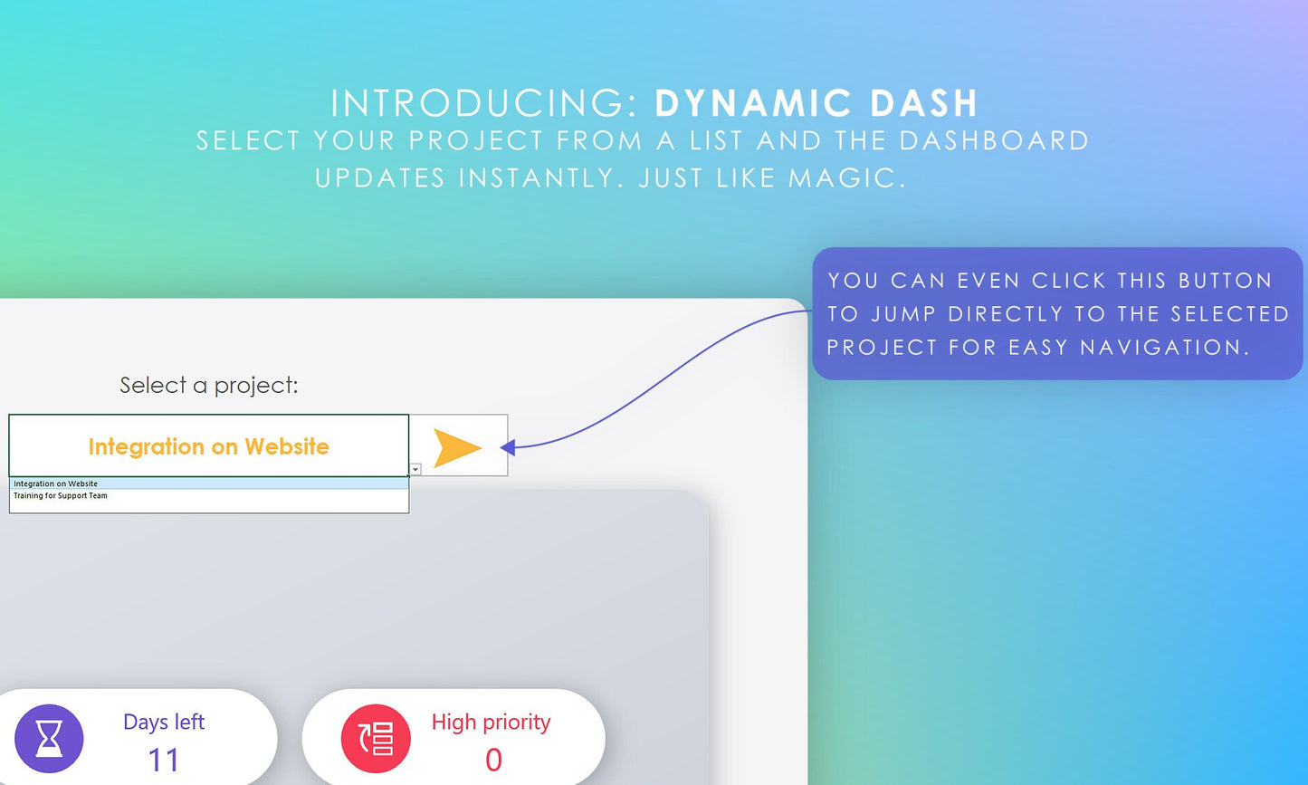 Multi-project planner Dynamic Dash in Microsoft Excel, select project from dropdown to update dashboard instantly. Direct navigation button for easy project access.