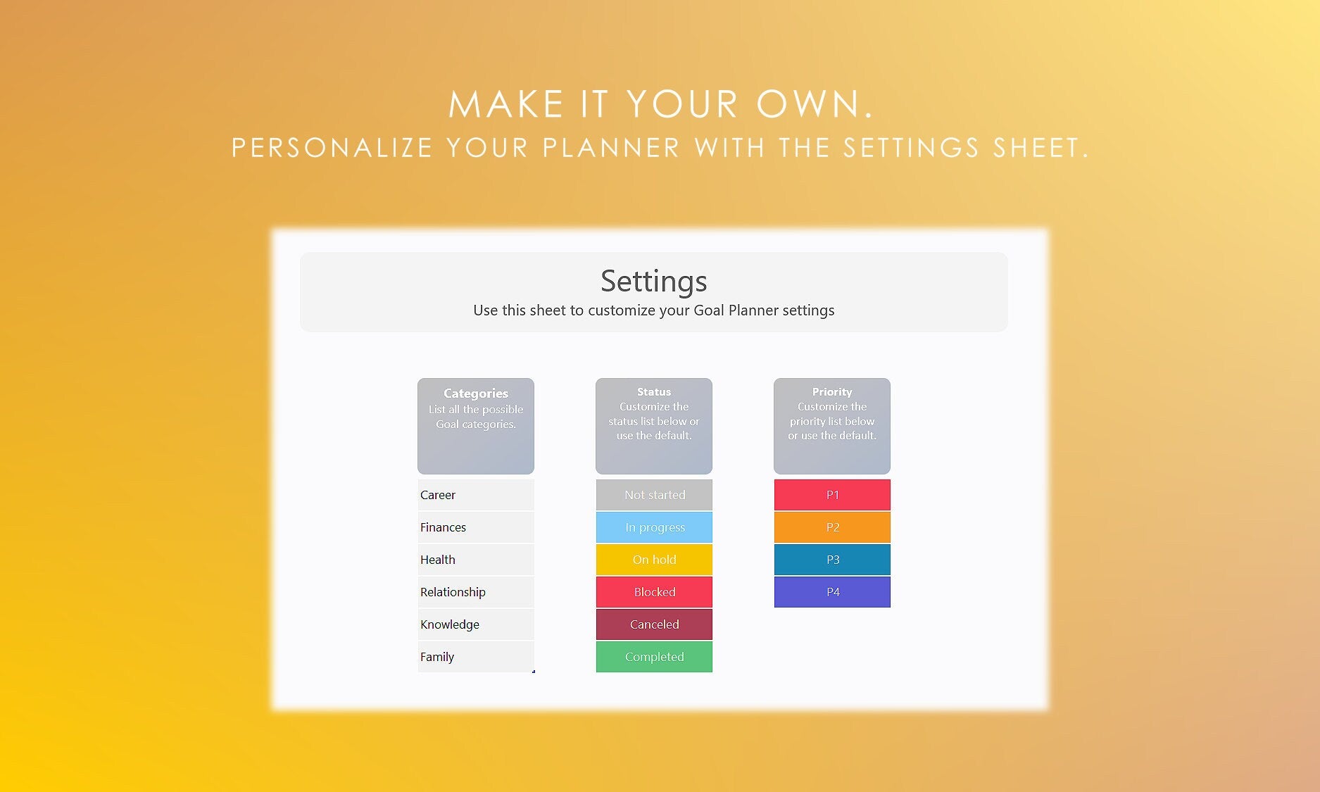 Digital Goal Setting Spreadsheet Settings: Personalize Goal Categories, Status Labels, and Priority Levels