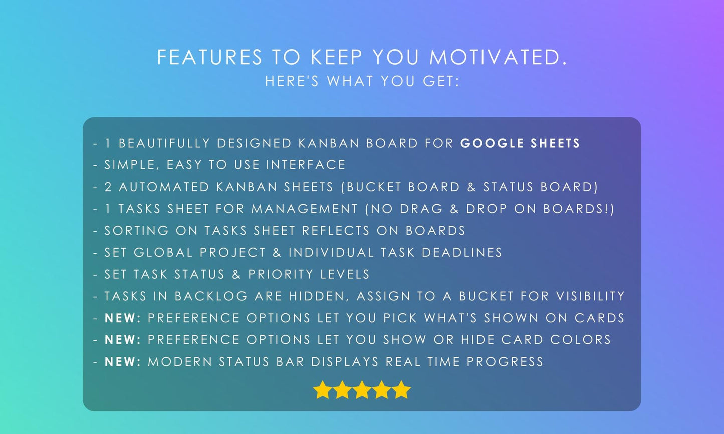 Kanban board features list for Google Sheets, including automated bucket and status boards, tasks sheet, card customization, and modern status bar. Five-star rated Kanban board.