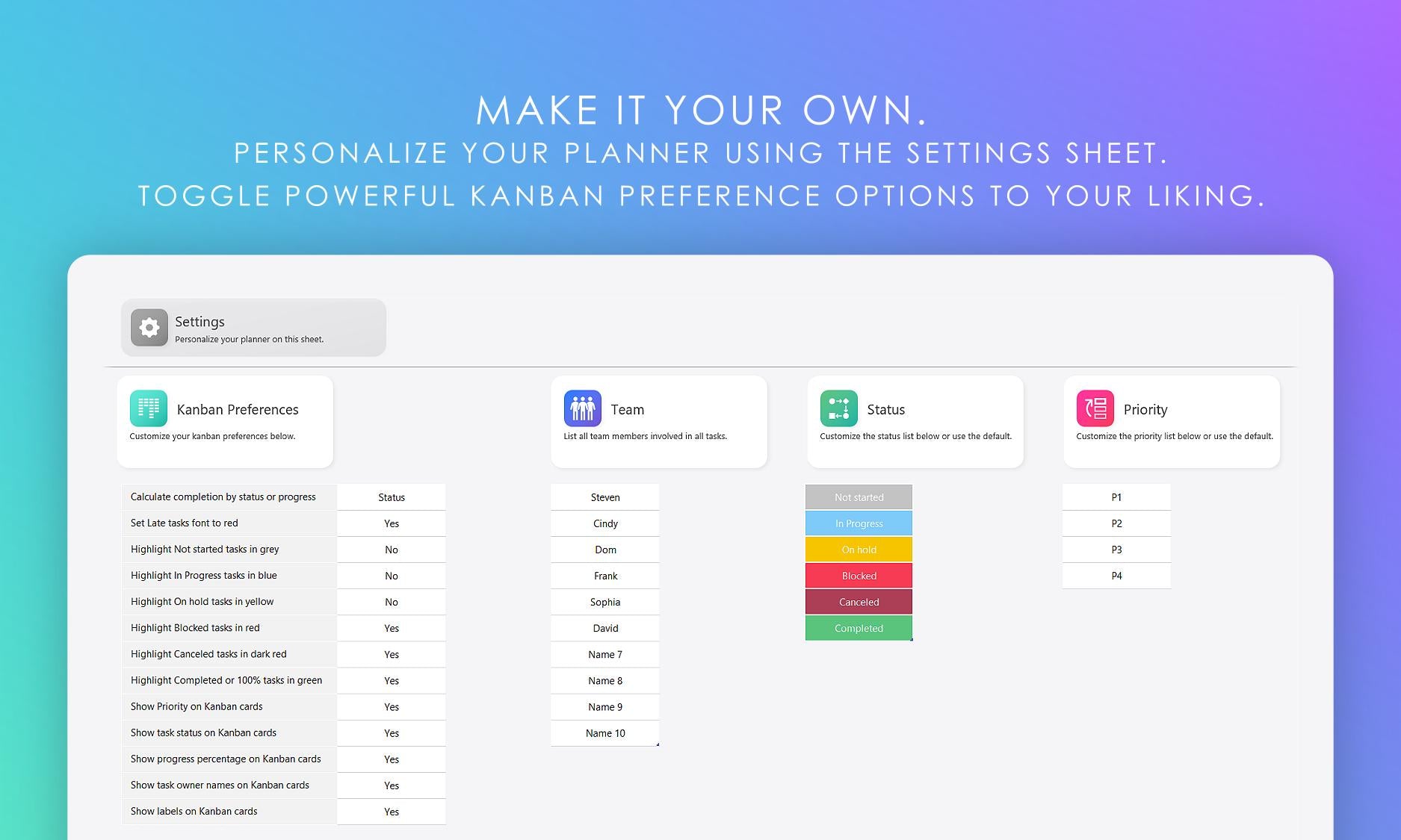 Kanban board settings sheet in Google Sheets, customize Kanban preferences, team members, task status, and priority with color-coded options. Personalize your Kanban board.