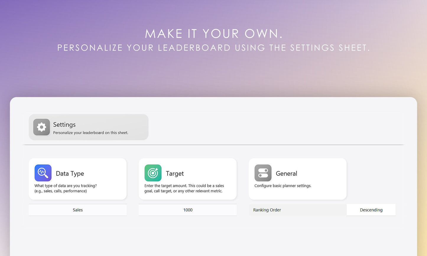 Digital Leaderboard Template Settings: Adjust Data Being Tracked, Target Values, and Ascending/Descending Order