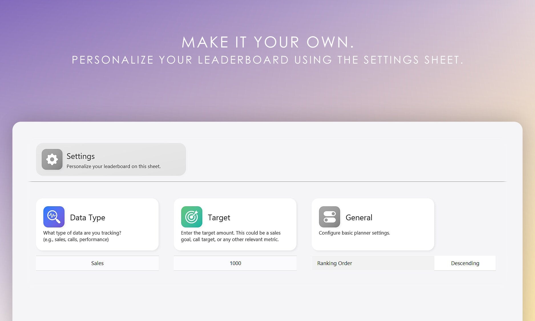 Digital Leaderboard Template Settings: Adjust Data Being Tracked, Target Values, and Ascending/Descending Order