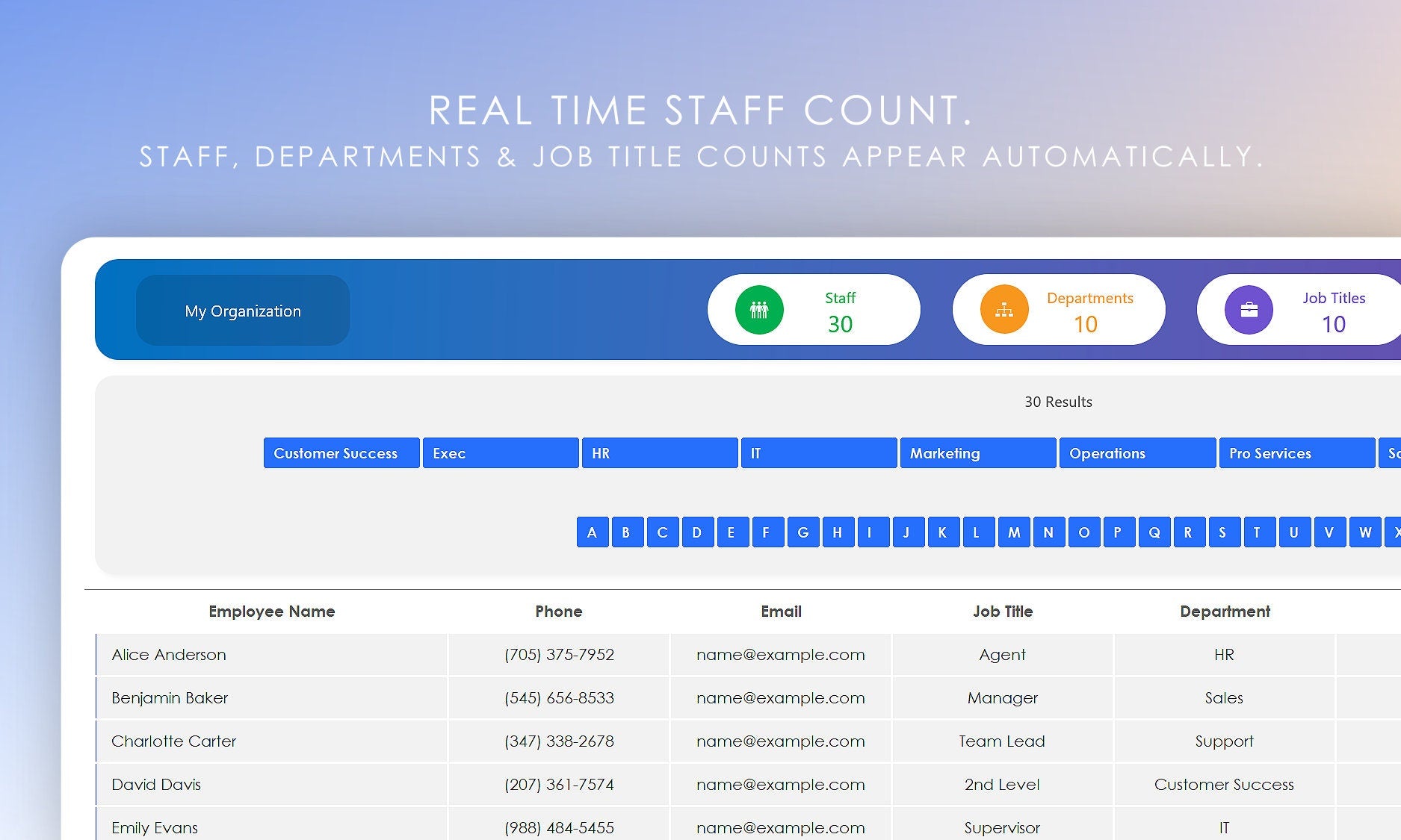 Employee Directory: Real-Time Staff Count - Staff, Departments & Job Title Counts Appear Automatically