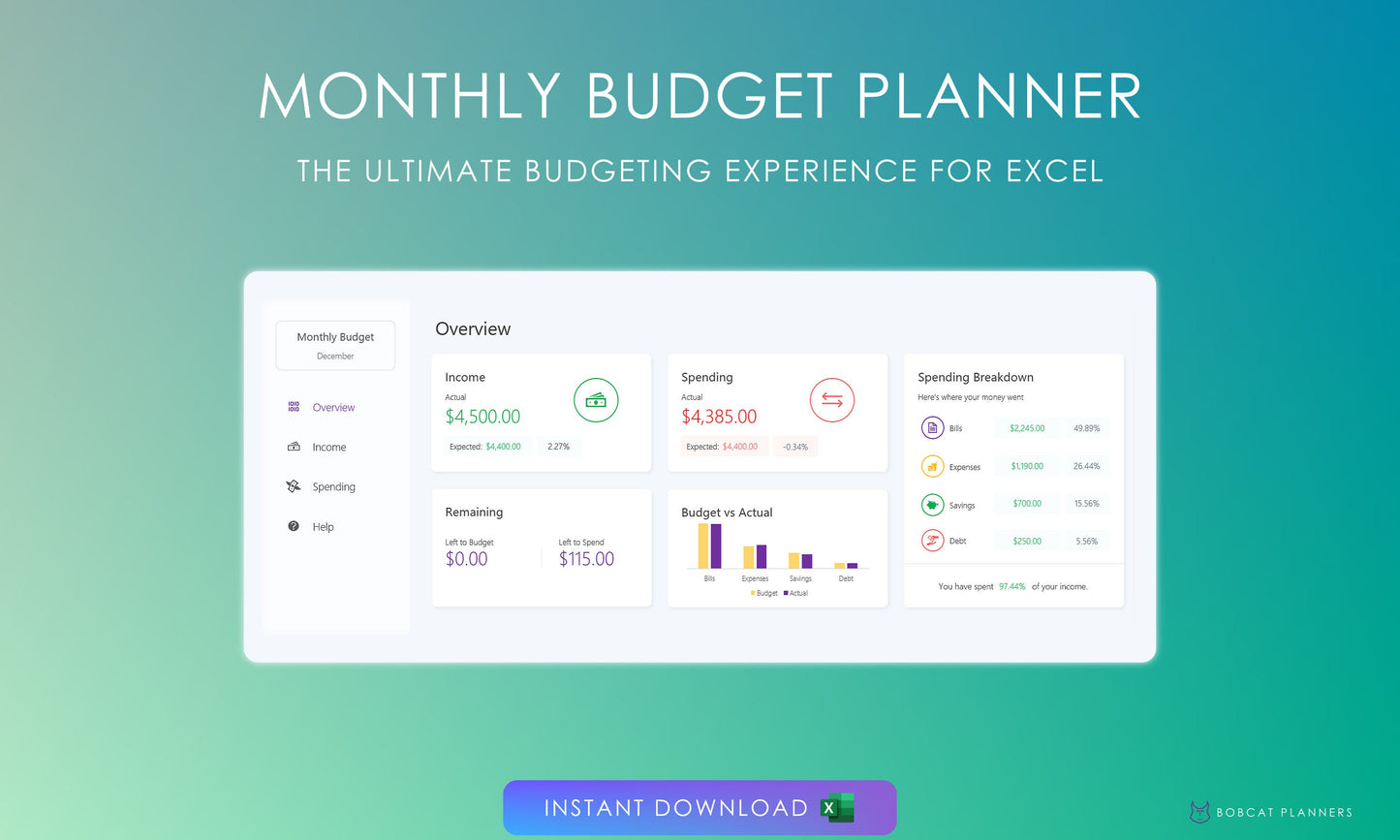 Digital monthly budget planner for Microsoft Excel, overview dashboard with income, spending, remaining budget, and spending breakdown. Modern design, instant download available.