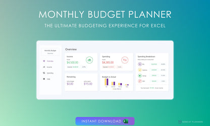 Digital monthly budget planner for Microsoft Excel, overview dashboard with income, spending, remaining budget, and spending breakdown. Modern design, instant download available.