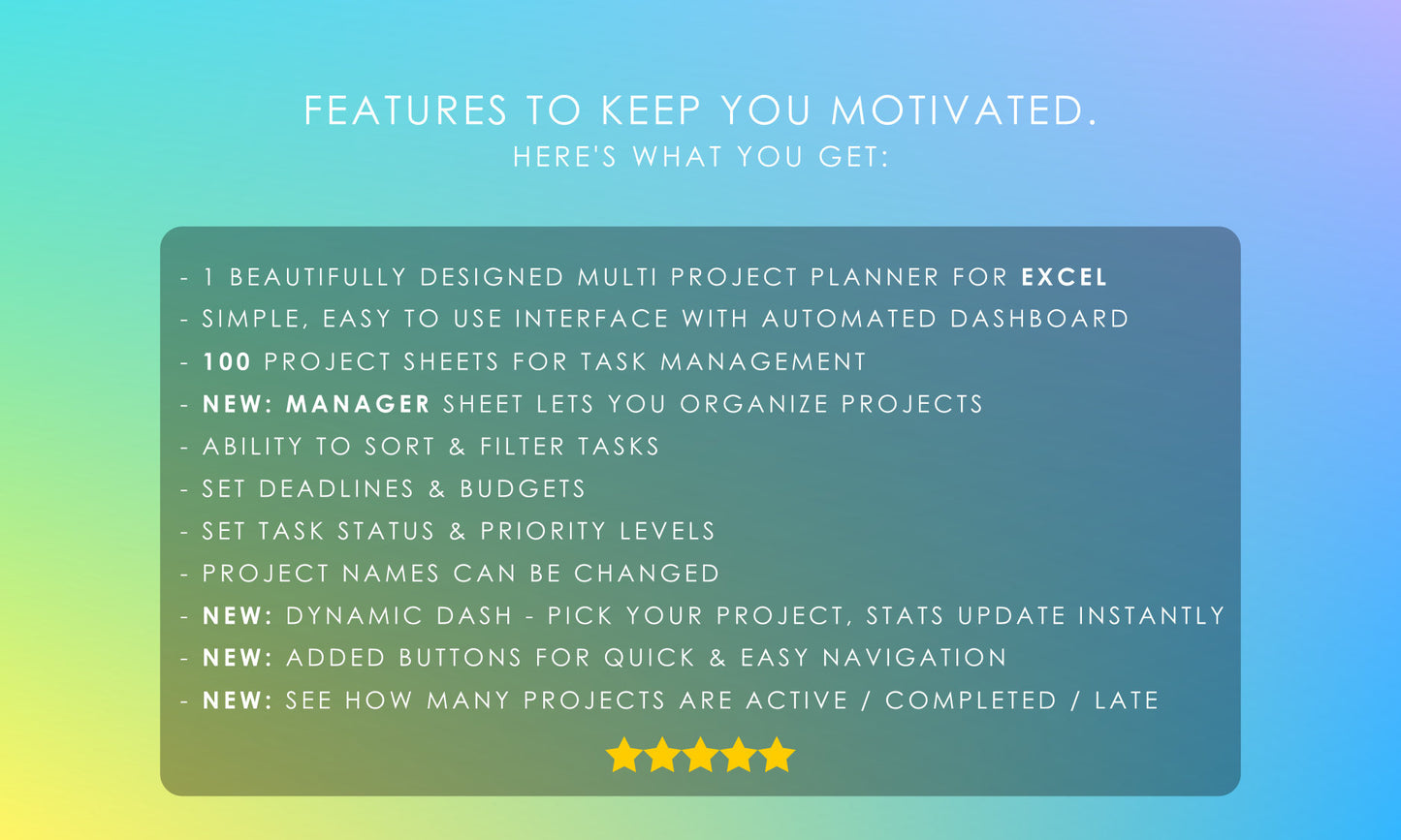 Multi-project planner features list for Microsoft Excel, including 100 project sheets, manager sheet, dynamic dash, quick navigation, and project activity overview. Five-star rated planner.