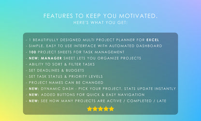 Multi-project planner features list for Microsoft Excel, including 100 project sheets, manager sheet, dynamic dash, quick navigation, and project activity overview. Five-star rated planner.