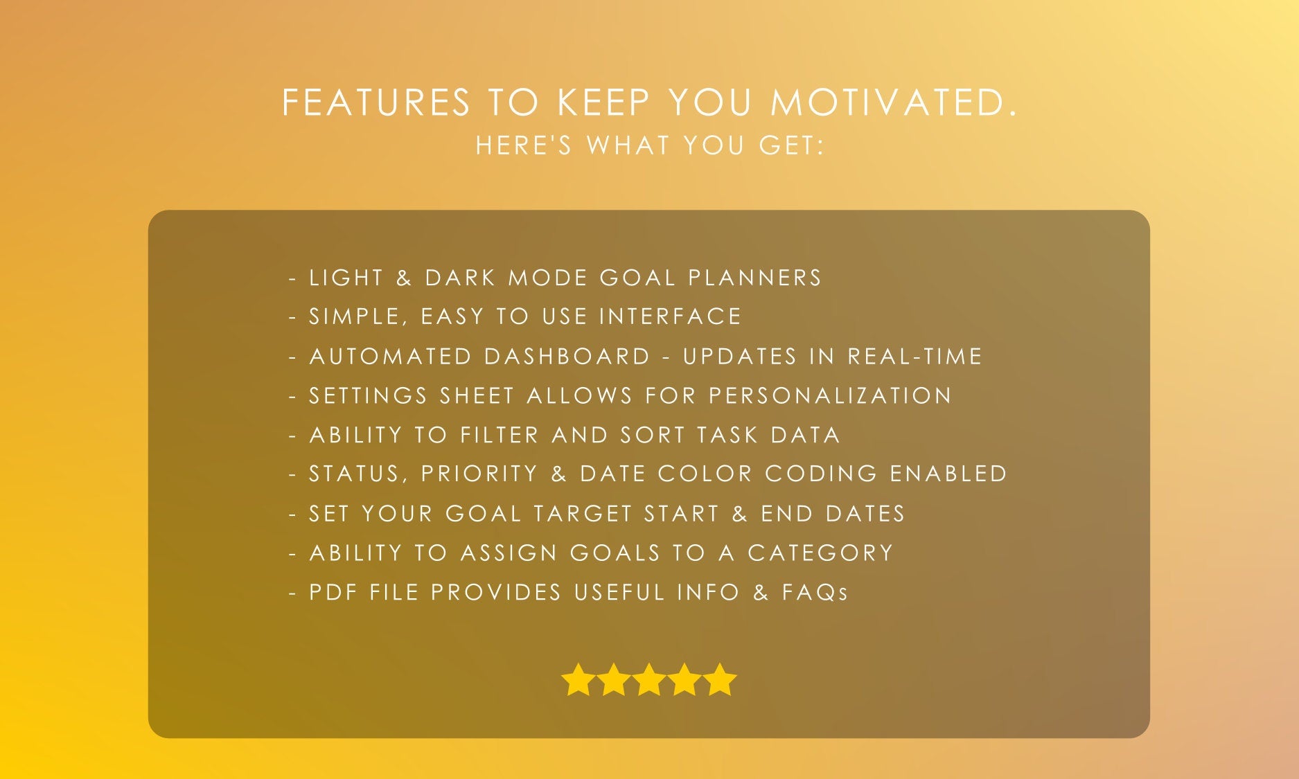 Digital Goal Setting Spreadsheet: Light and Dark Mode, Real-Time Dashboard, Personalized Settings, Advanced Filtering and Sorting
