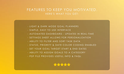 Digital Goal Setting Spreadsheet: Light and Dark Mode, Real-Time Dashboard, Personalized Settings, Advanced Filtering and Sorting