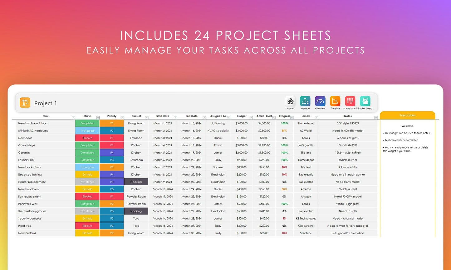 Digital Project Management Spreadsheet: Individual Project Sheet for Task Tracking, Deadlines, and Assignments