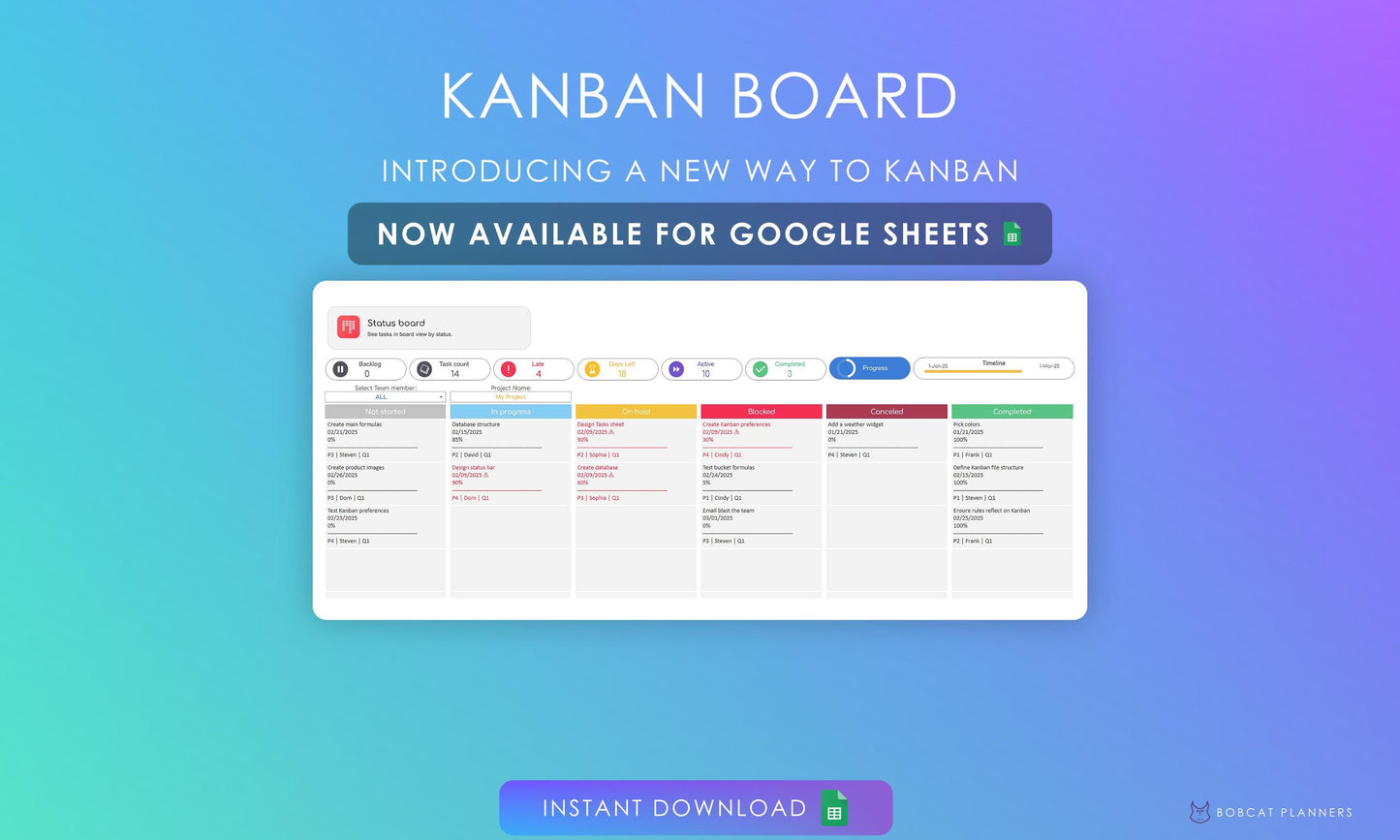 Digital Kanban board for Google Sheets, with task status columns and task cards. Introducing a new way to Kanban, instant download available.