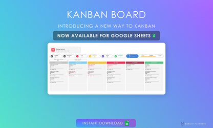 Digital Kanban board for Google Sheets, with task status columns and task cards. Introducing a new way to Kanban, instant download available.