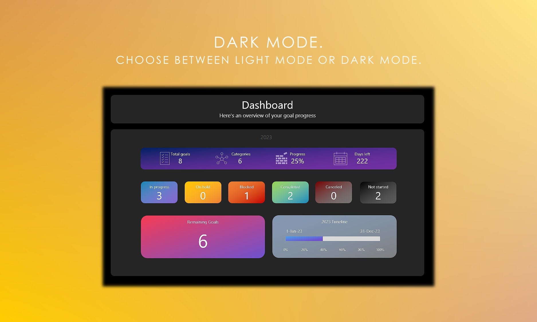 Digital Goal Setting Dashboard in Dark Mode: Monitor Your Progress with an Elegant Dark Theme
