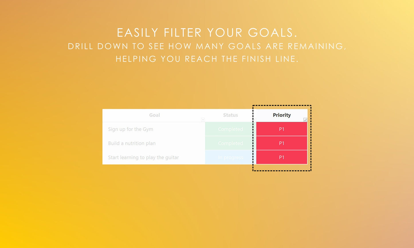 Digital Goal Setting Spreadsheet: Filter Your Objectives by Status, Priority, or Category