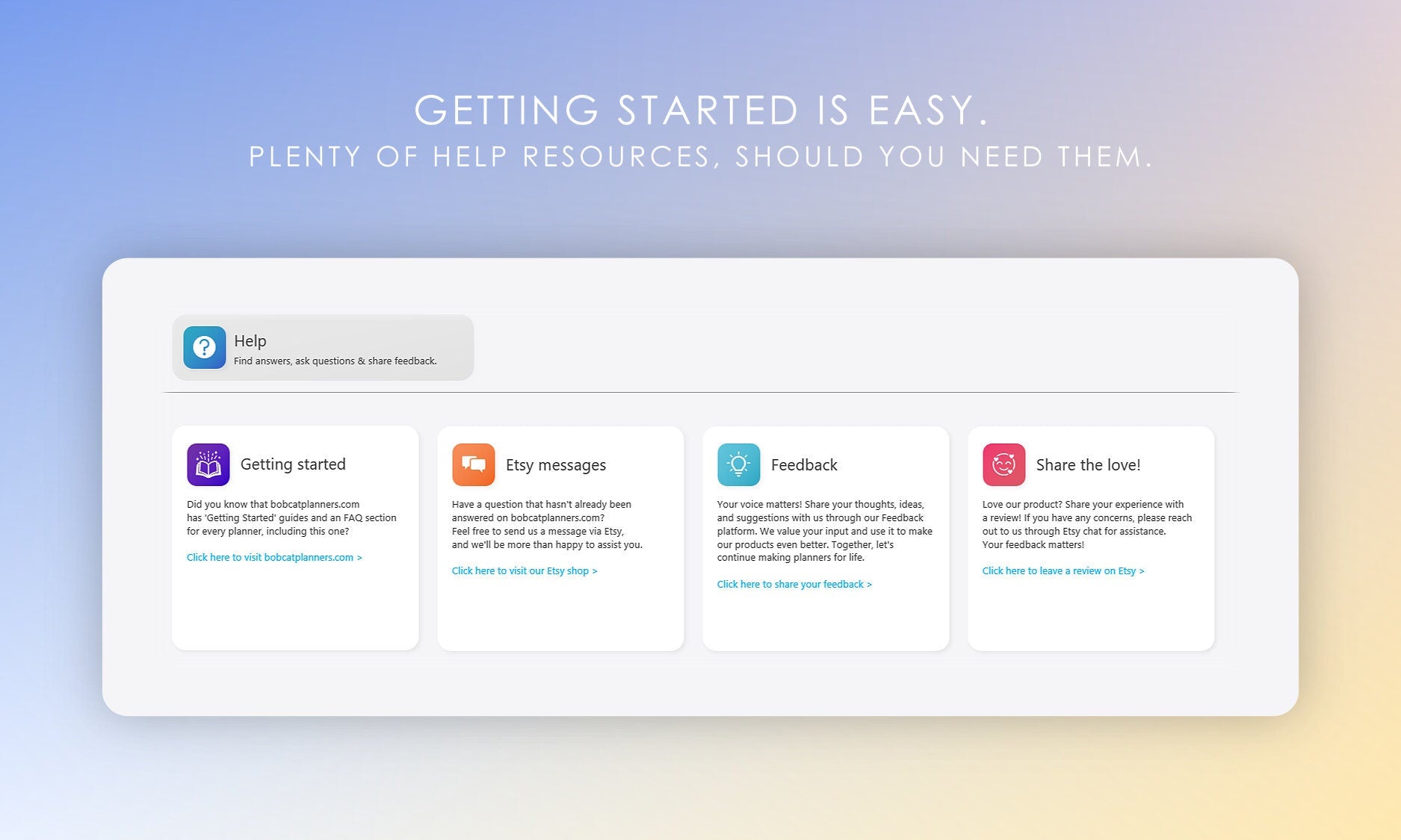 Digital Planner Support: Access Getting Started Information, Message Link, Feedback Form, and Review Link
