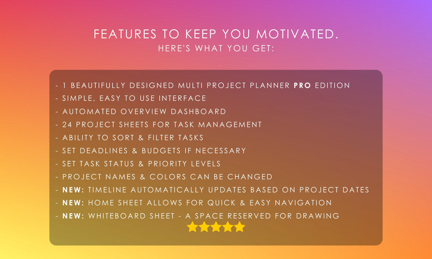 Digital Multi-Project Management Spreadsheet Features: Automated Timeline, Dashboard Overview, Task Sorting & Filtering, Customizable Statuses