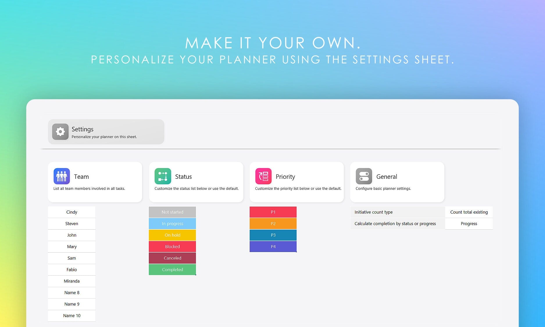 Multi-project planner settings sheet in Microsoft Excel, customize team members, task status, priority, and general settings with color-coded options. Personalize your planner.