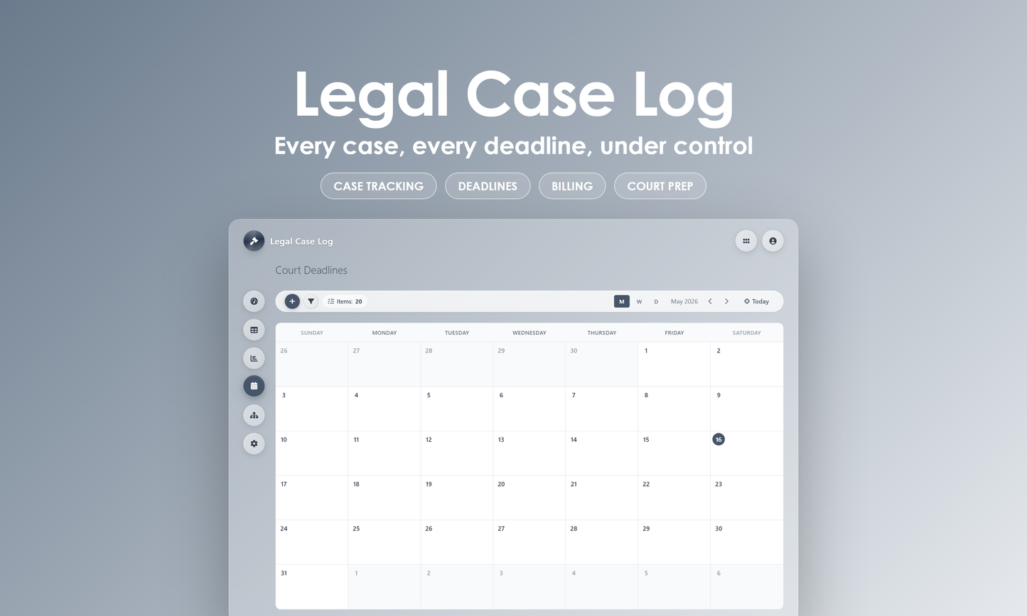 Legal Case Log - Calendar