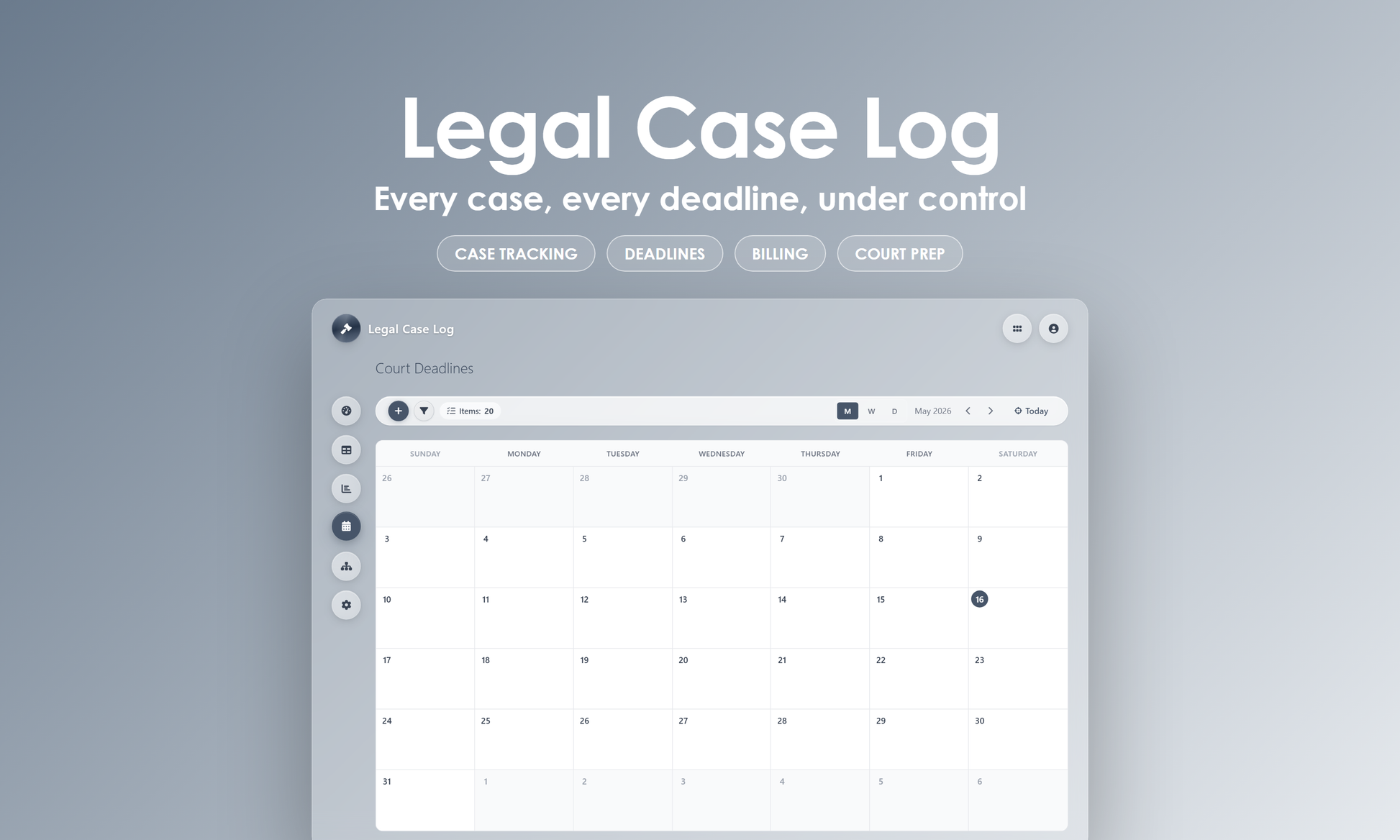 Legal Case Log - Calendar