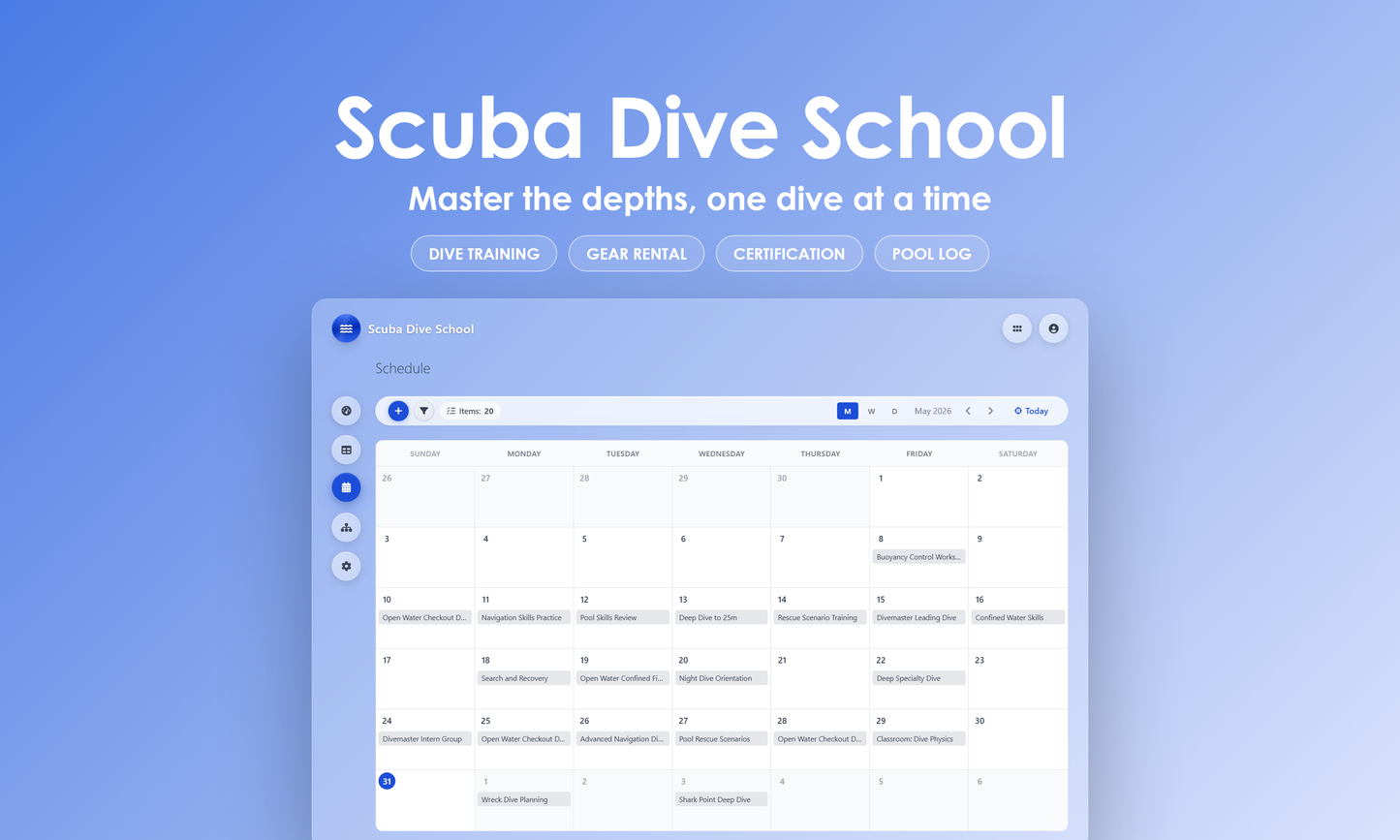 Scuba Dive School - Calendar