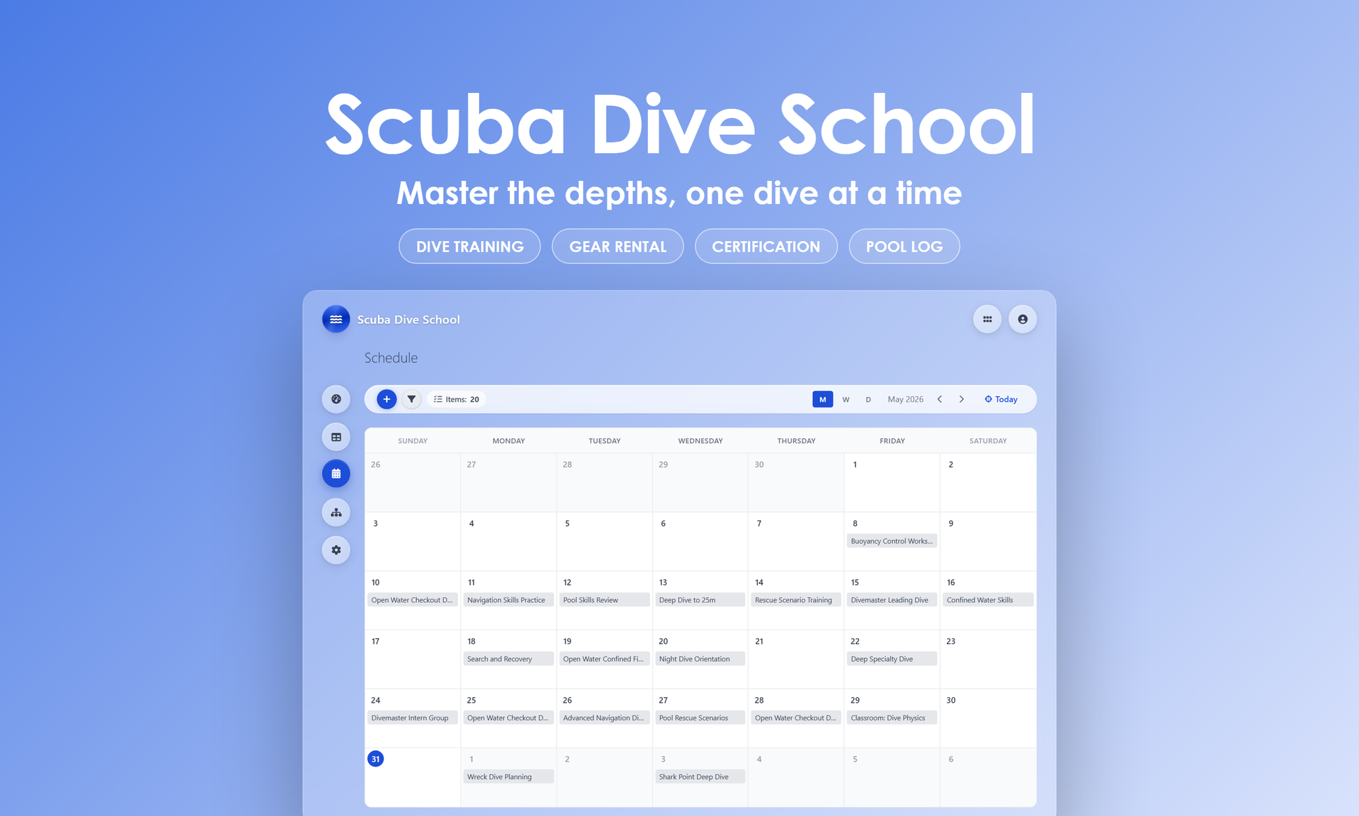 Scuba Dive School - Calendar