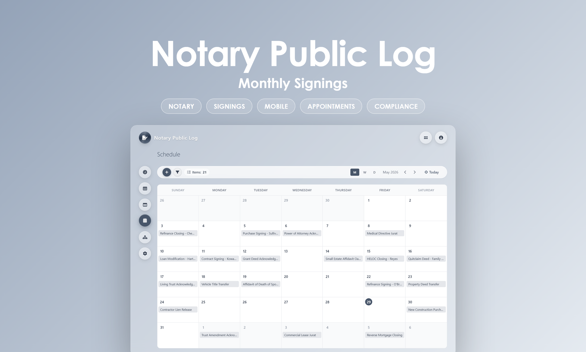 Notary Public Log - Calendar
