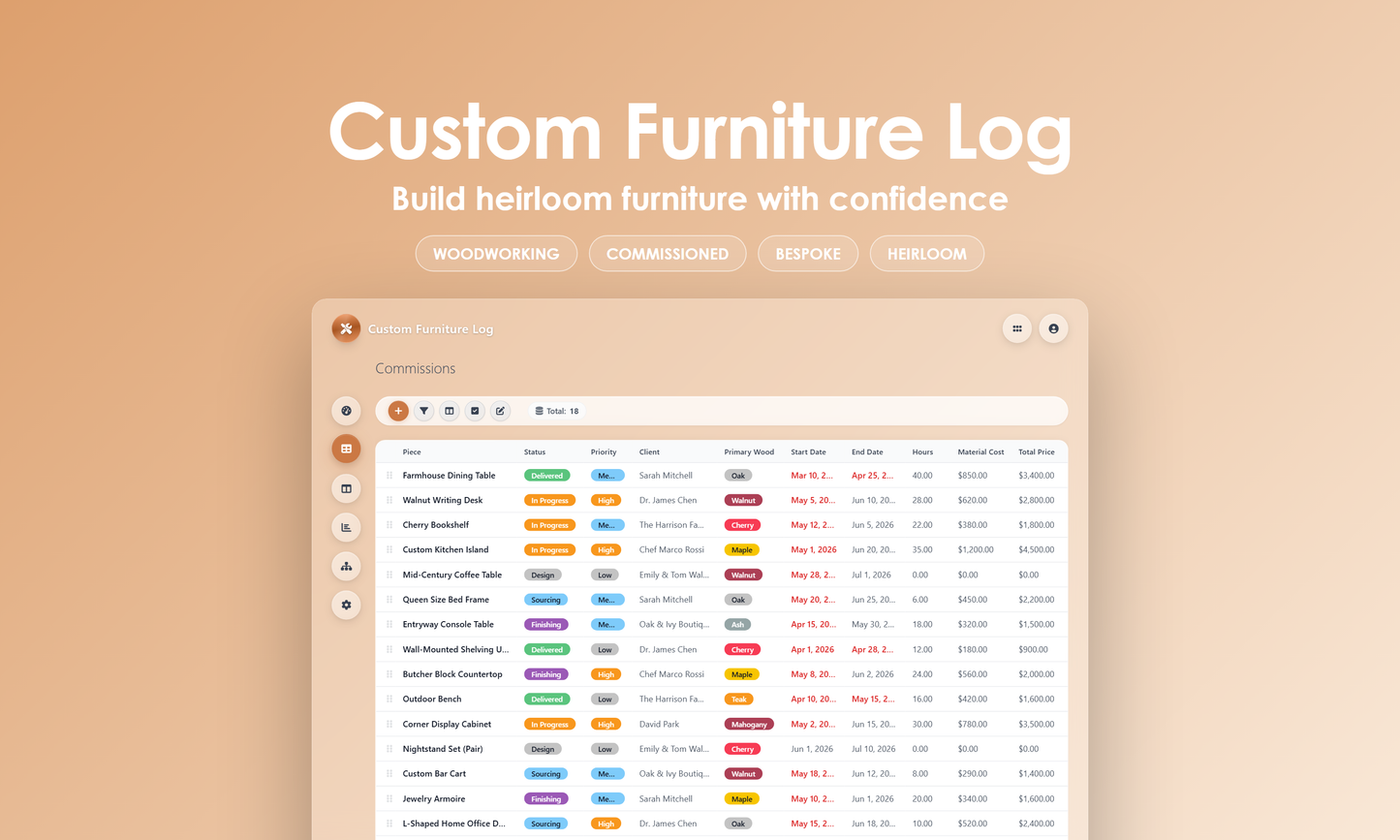 Custom Furniture Log - Grid