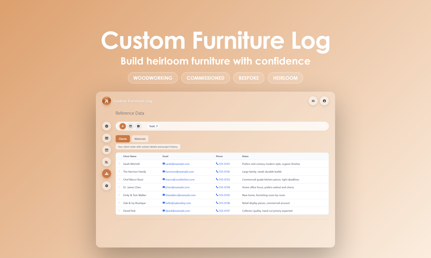 Custom Furniture Log - Manage