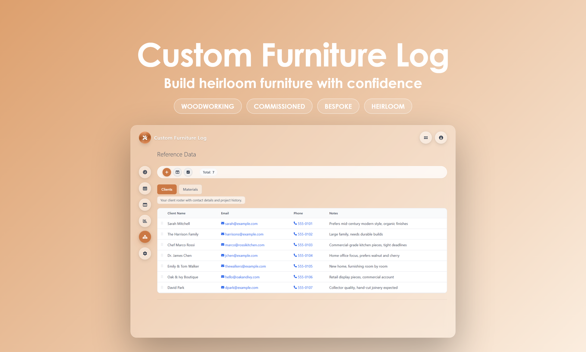 Custom Furniture Log - Manage
