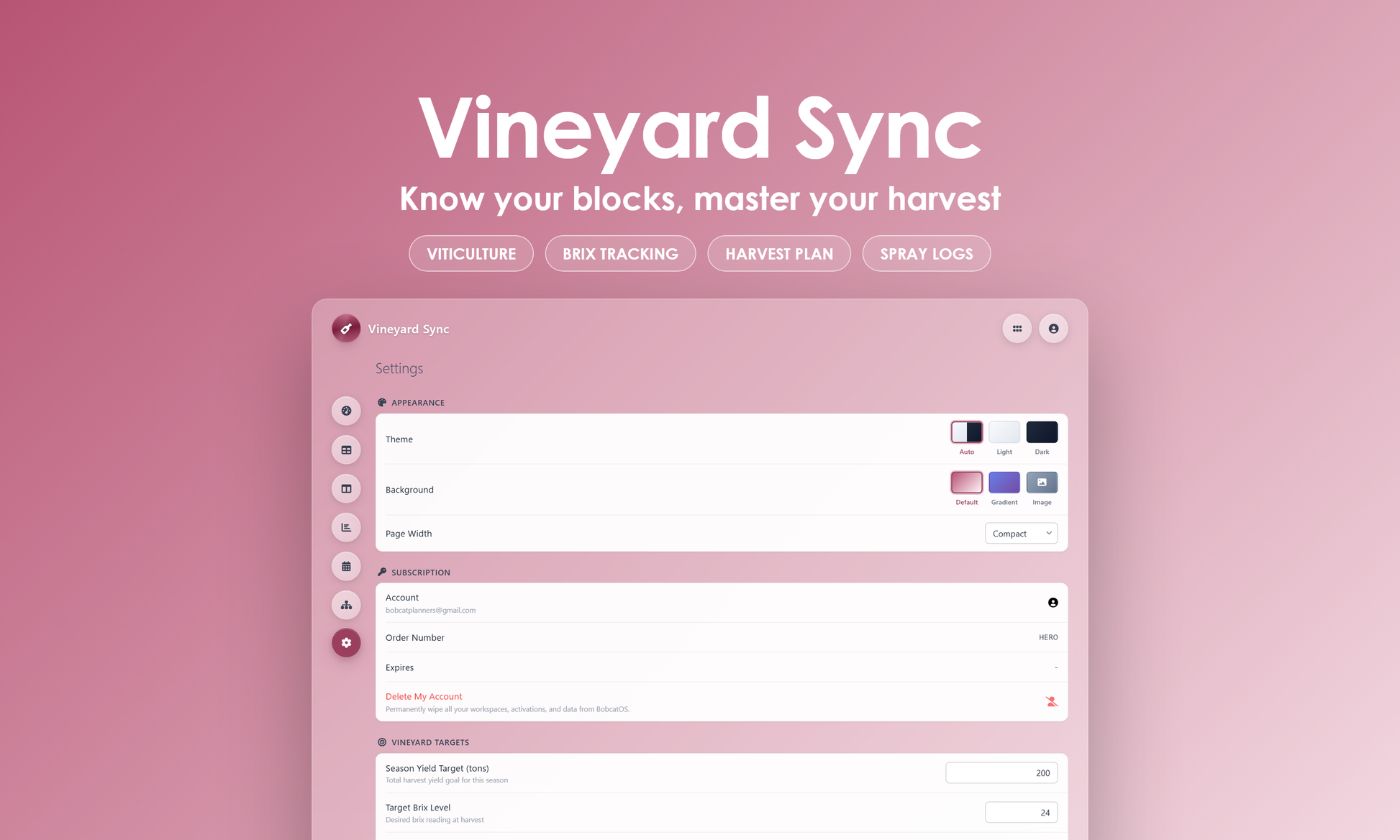 Vineyard Sync - Settings