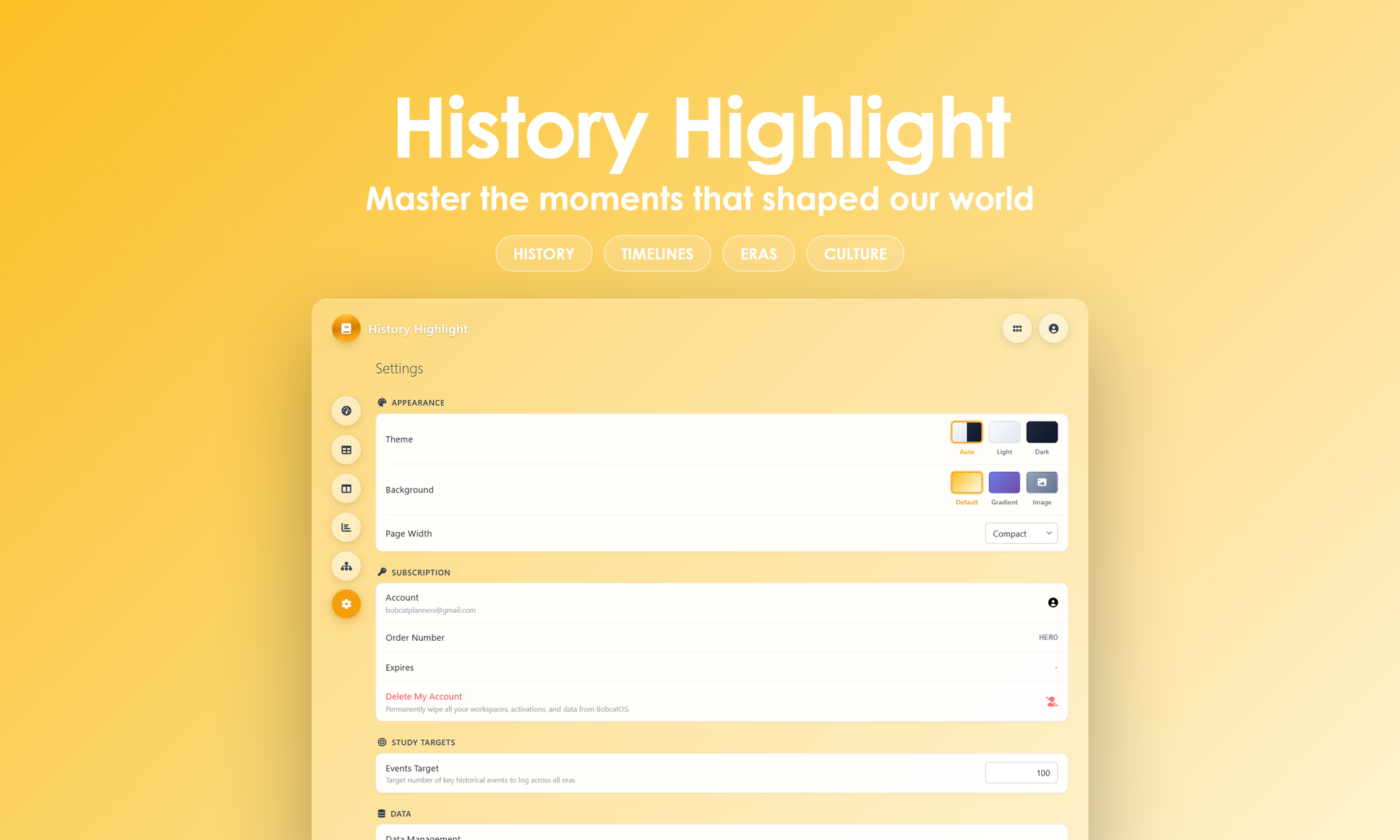 History Highlight - Settings