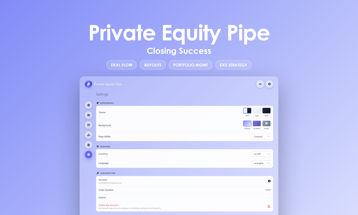 Private Equity Pipe - Settings