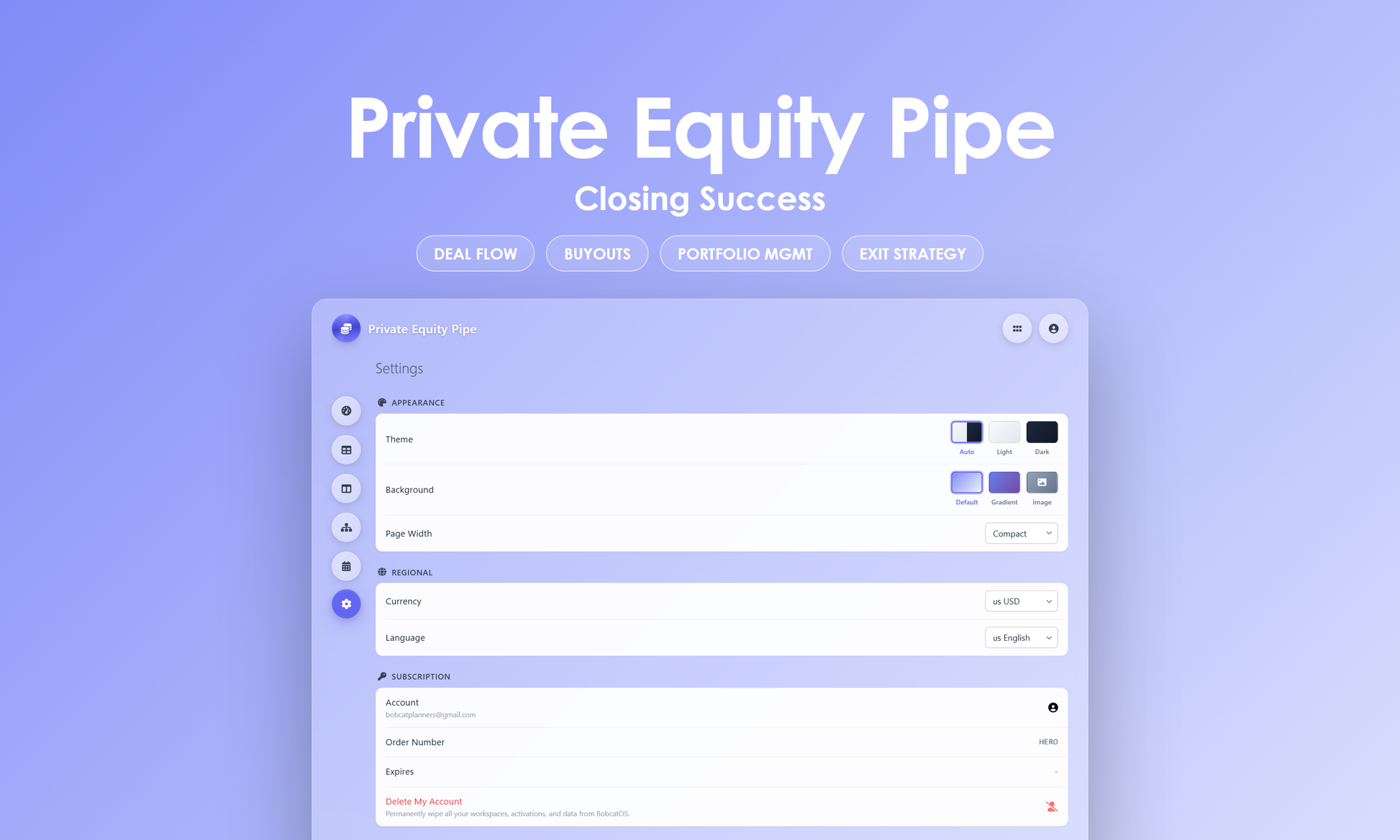 Private Equity Pipe - Settings