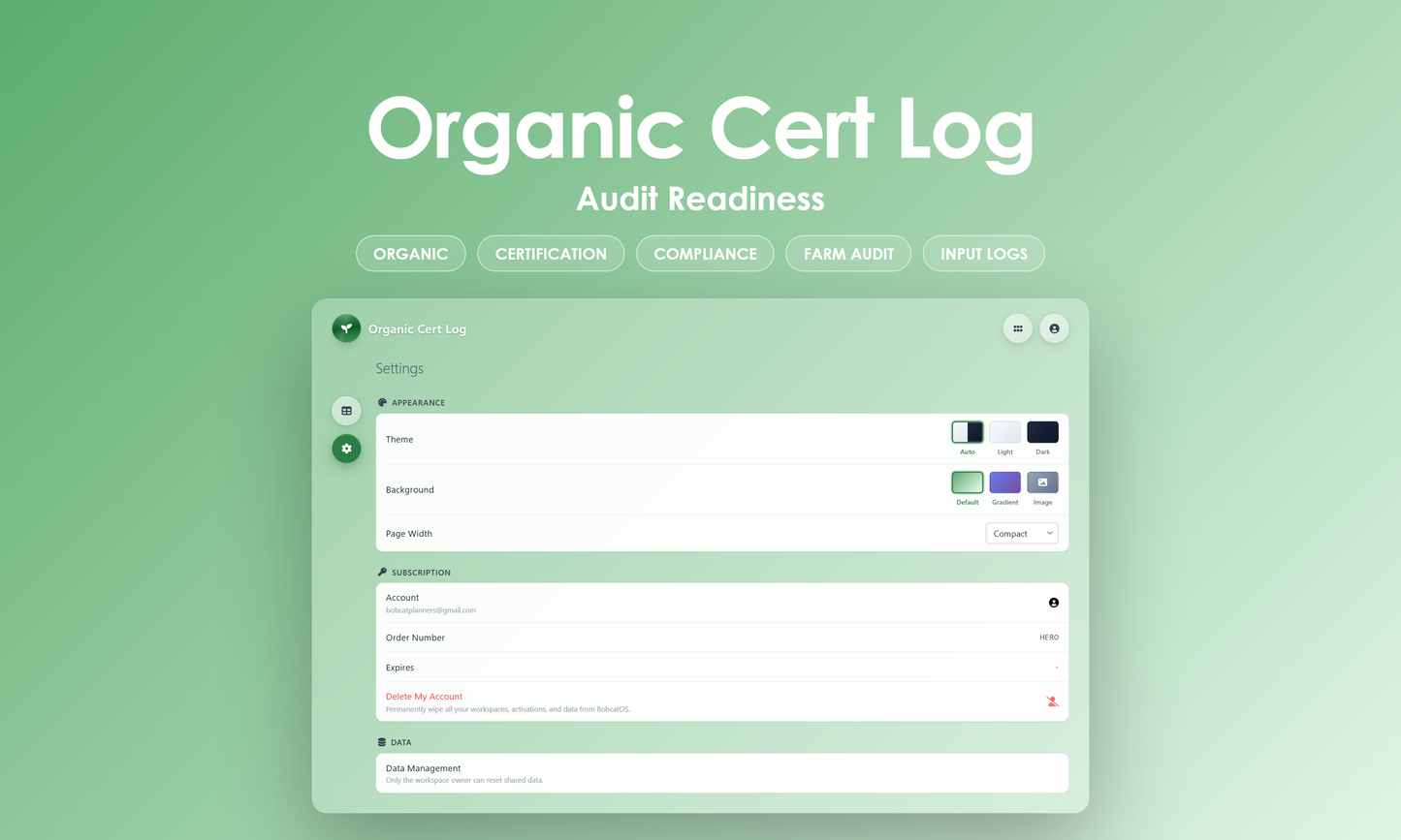 Organic Cert Log - Settings