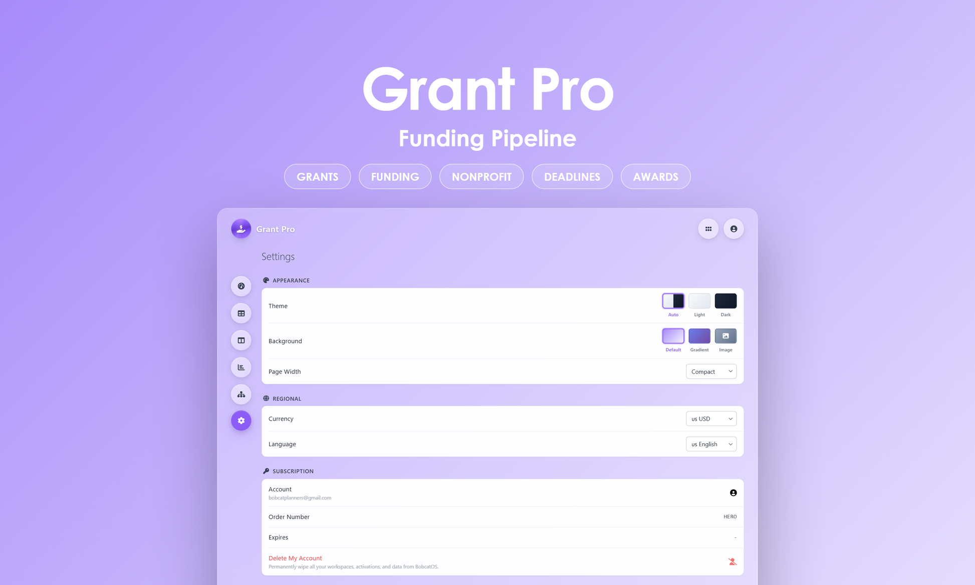 Grant Pro - Settings