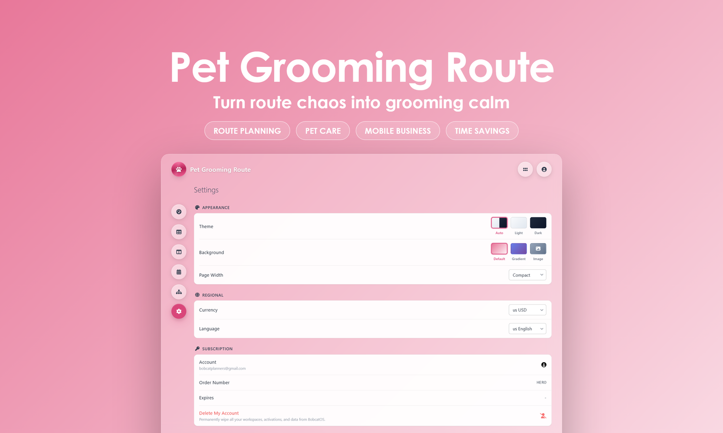 Pet Grooming Route - Settings