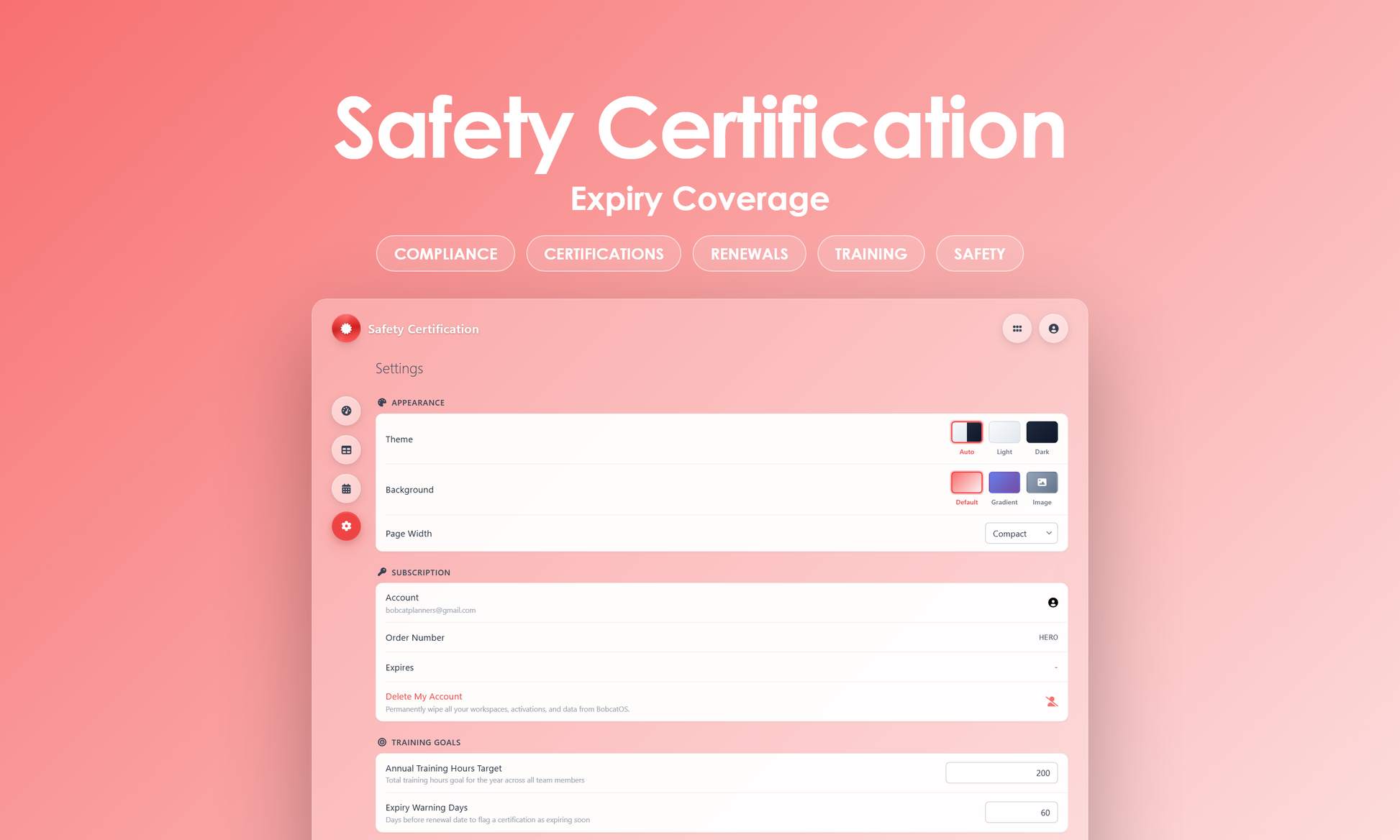 Safety Certification - Settings