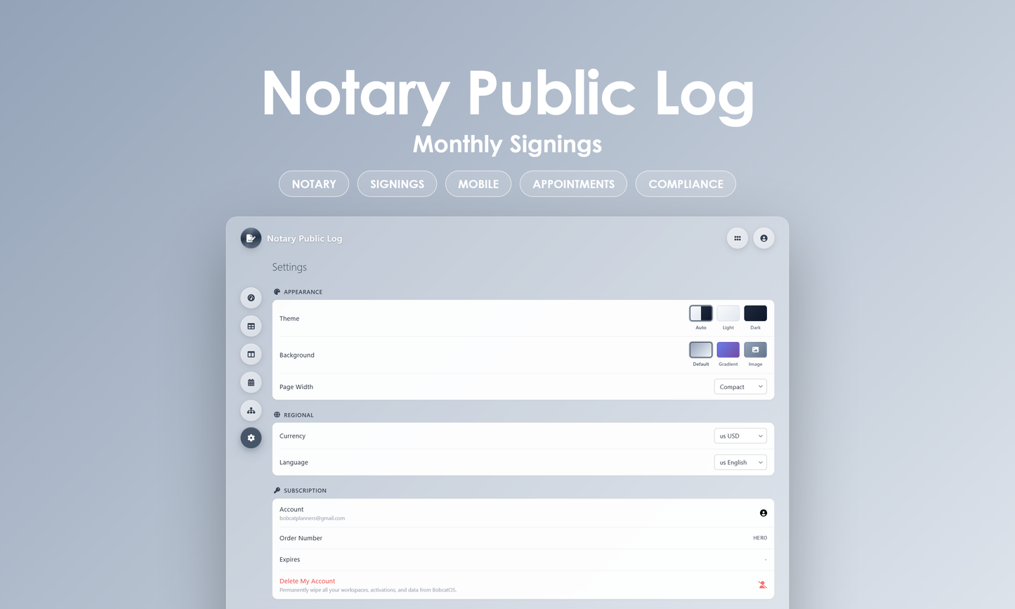 Notary Public Log - Settings
